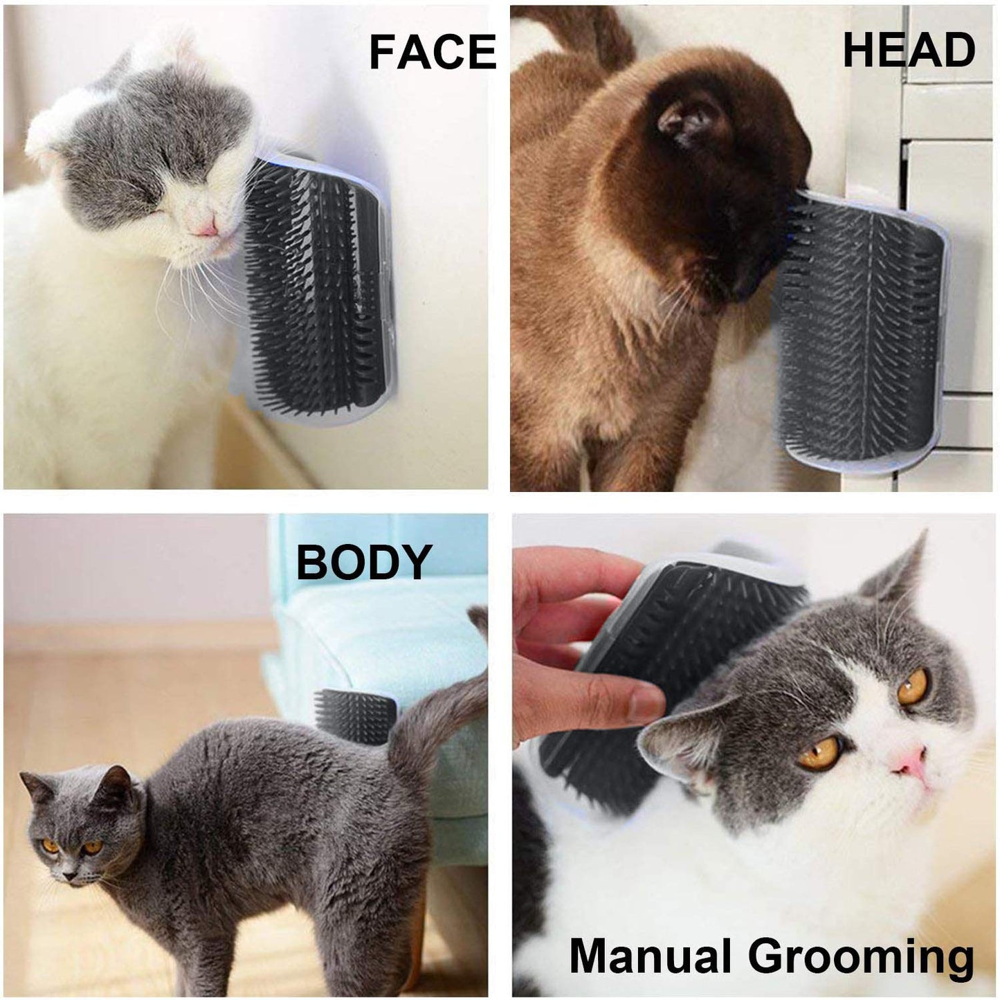 Cat Self-Groomer and Wall Corner Scratcher – Catnip-Infused Massage Brush & Grooming Comb in Grey, Blue, Pink, and Black