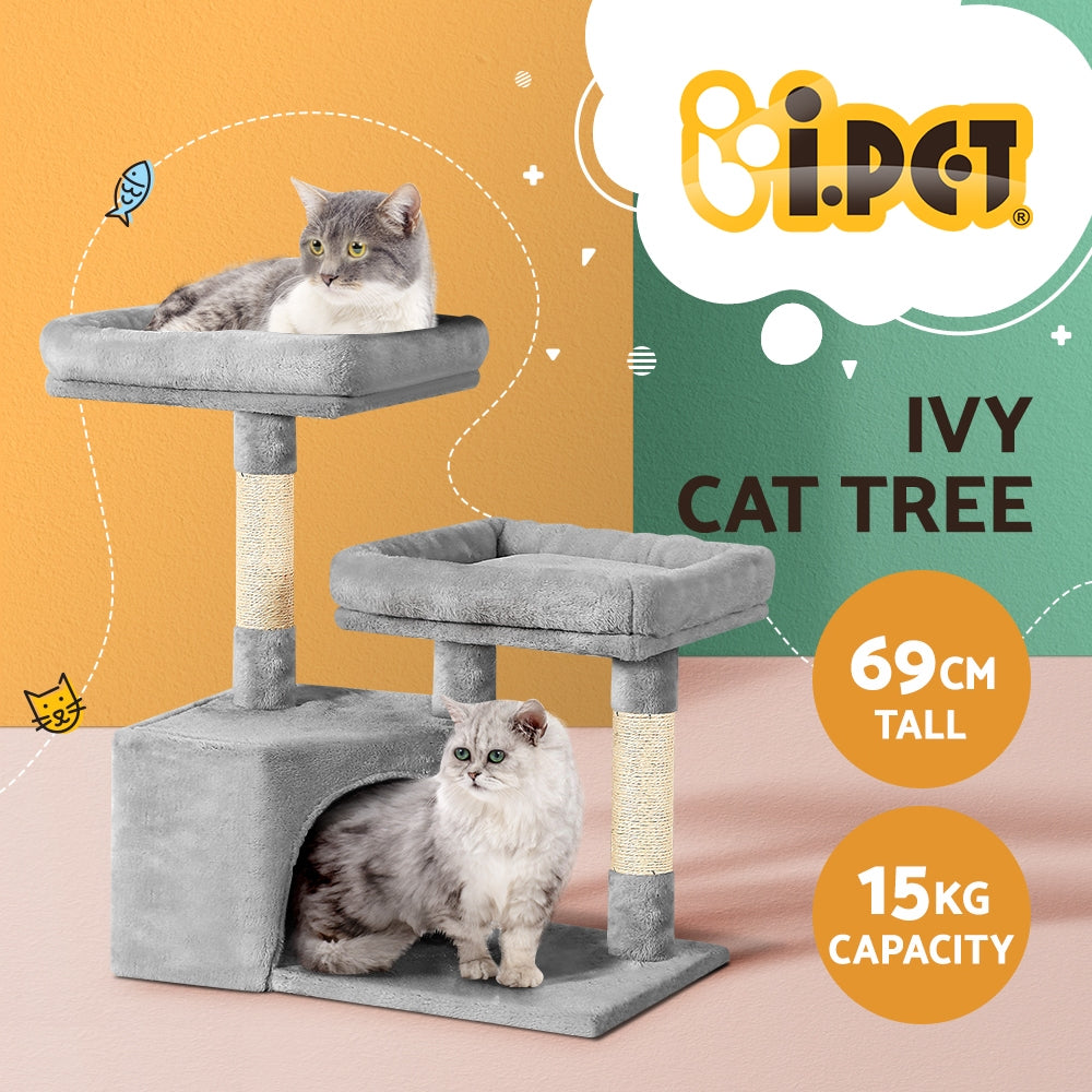 Bring Your Cat's Playtime to New Heights with i.Pet's 69cm Wood Cat Tree Tower, Featuring a Scratching Post, Cozy Condo House, and Plush Bed - Order Now!