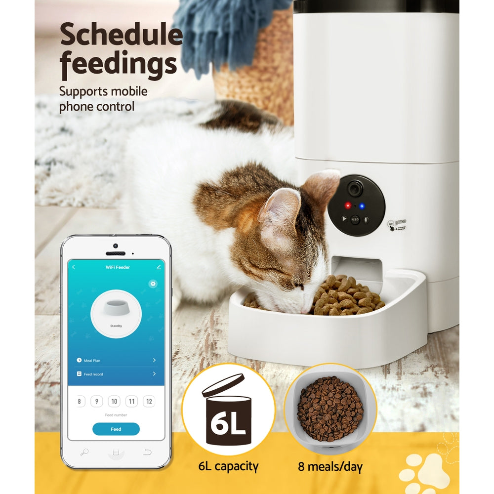 Smart Automatic Pet Feeder with HD Camera and Wifi Connectivity - Holds 6L of Food