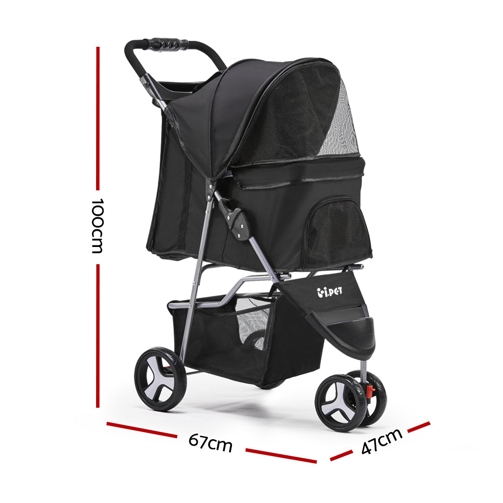 i.Pet Black 3 & 4 Wheel Pet Stroller for Convenient Pet Mobility