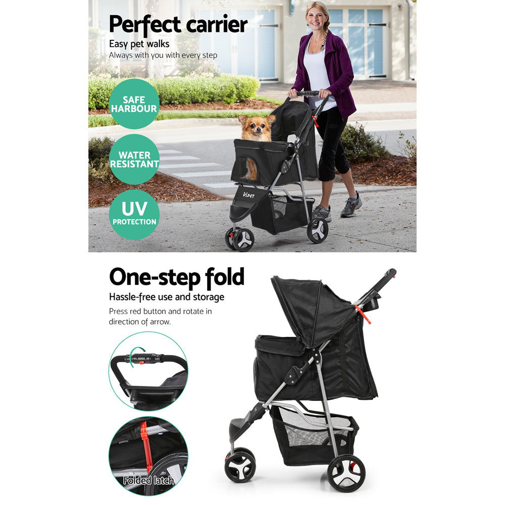 i.Pet Black 3 & 4 Wheel Pet Stroller for Convenient Pet Mobility