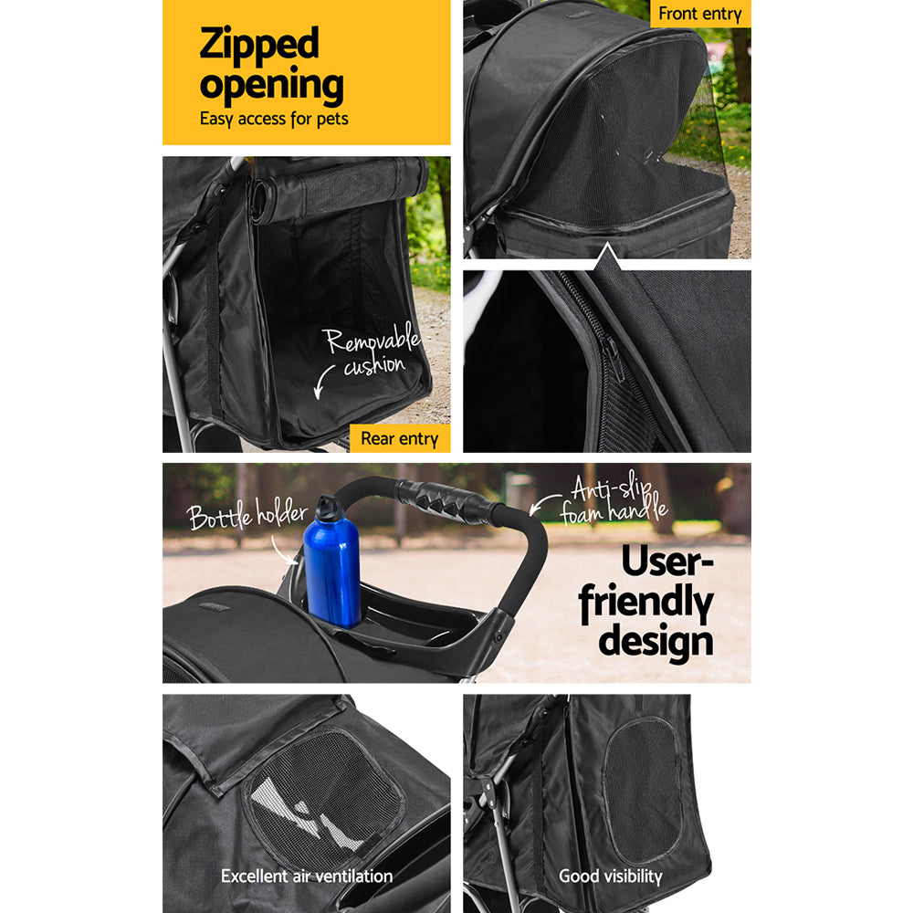 i.Pet Black 3 & 4 Wheel Pet Stroller for Convenient Pet Mobility