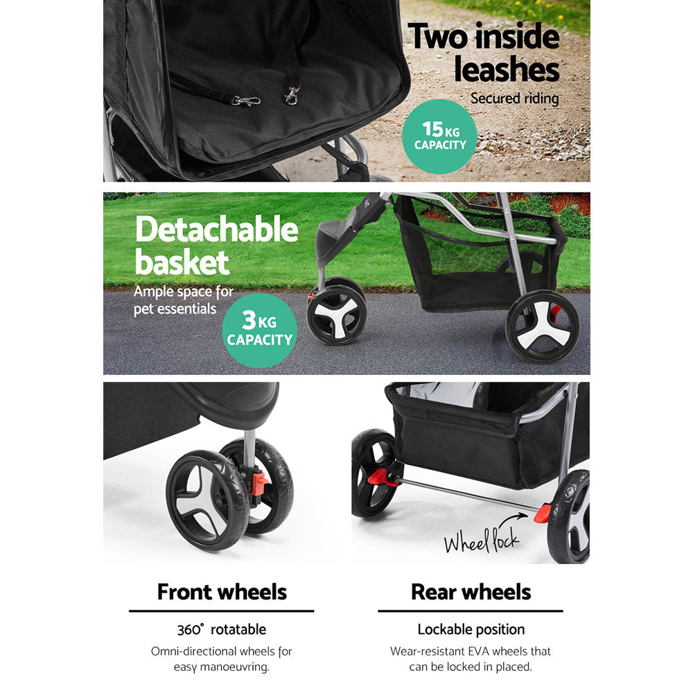 i.Pet Black 3 & 4 Wheel Pet Stroller for Convenient Pet Mobility