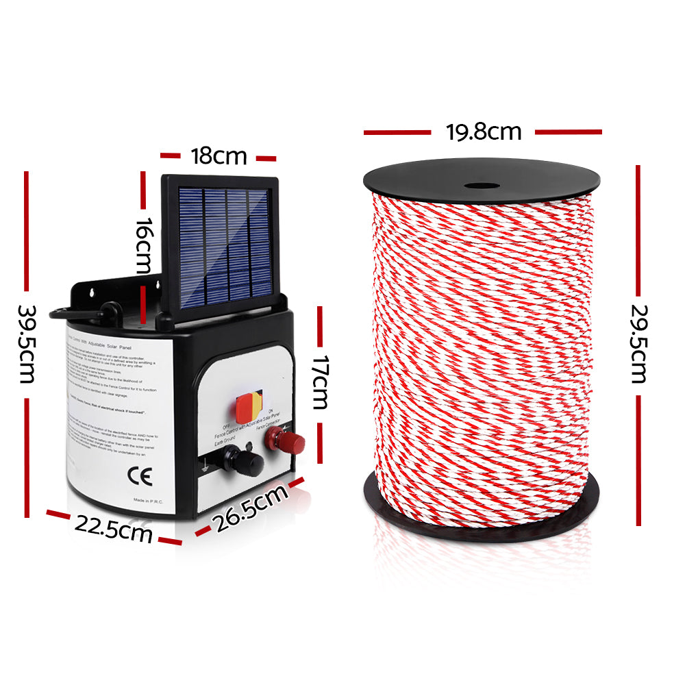 Giantz Electric Fence Energiser 5km & 8km Solar Powered Charger + 500m Rope