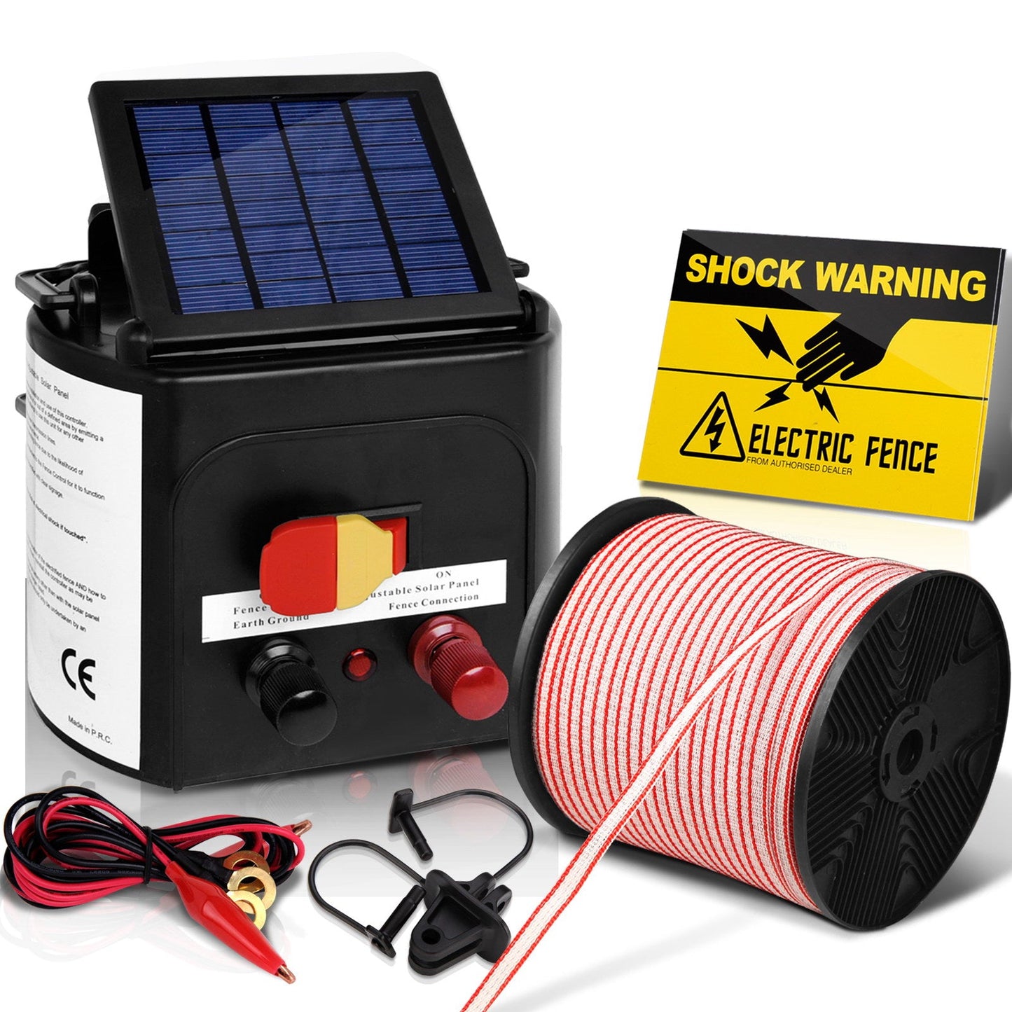 Giantz 3km Solar Electric Fence Energiser Charger with 400M Polytape or 500M Polywire and 25pcs Insulators