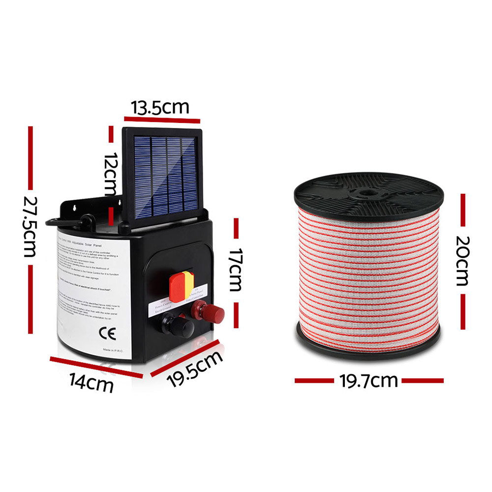 Giantz 3km Solar Electric Fence Energiser Charger with 400M Polytape or 500M Polywire and 25pcs Insulators