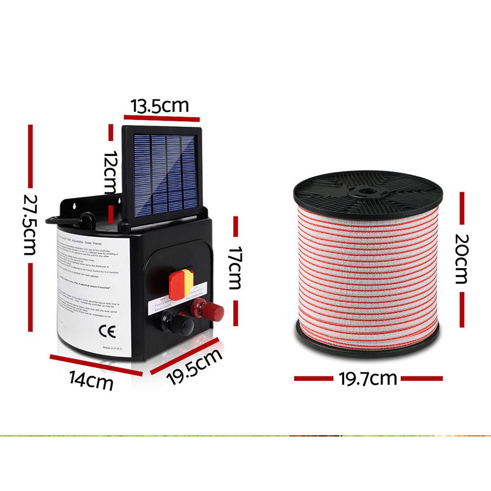 Giantz 5km Solar Electric Fence Energiser Charger with 400M Tape or 500M Wire and 25pcs Insulators