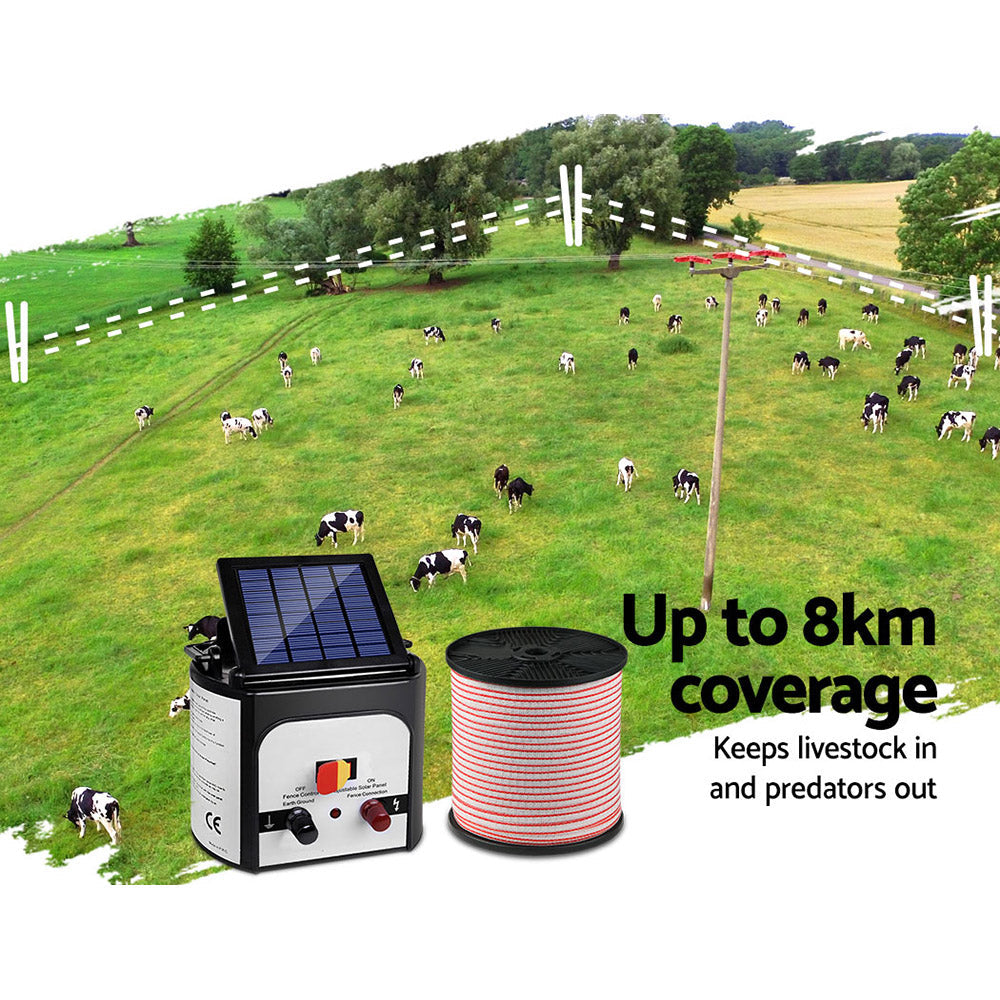 Giantz 8km Solar Electric Fence Energiser Charger with 400M Tape or 500M Wire and 25pcs Insulators