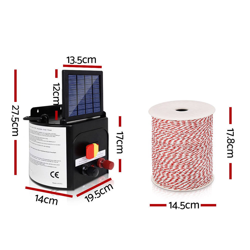 Giantz 3km Solar Electric Fence Energiser Charger with 400M Polytape or 500M Polywire and 25pcs Insulators