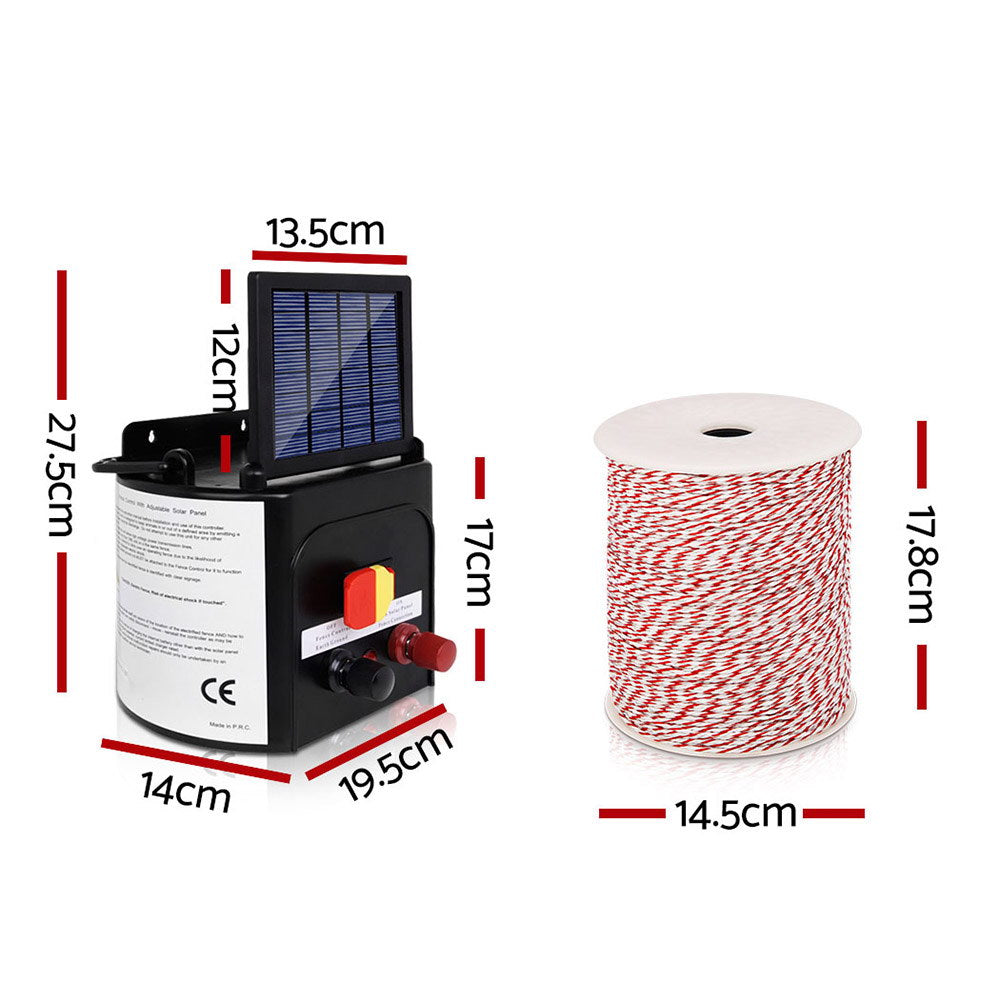 Giantz 5km Solar Electric Fence Energiser Charger with 400M Tape or 500M Wire and 25pcs Insulators