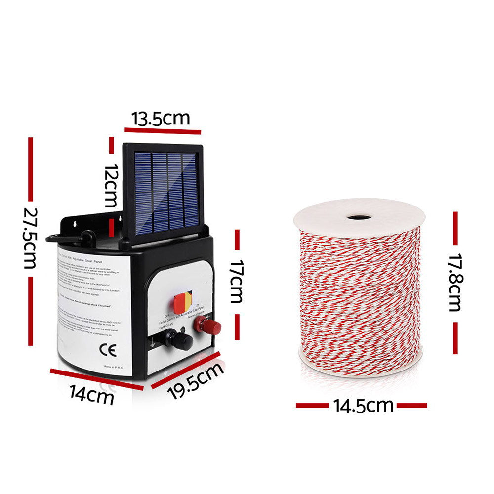 Giantz 8km Solar Electric Fence Energiser Charger with 400M Tape or 500M Wire and 25pcs Insulators