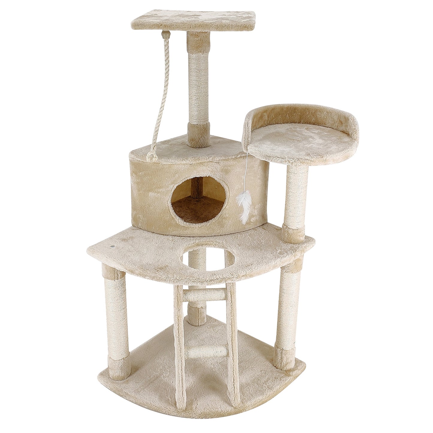 4Paws Cat Tree House Furniture Bed - Luxury Plush Play in Beige/Grey