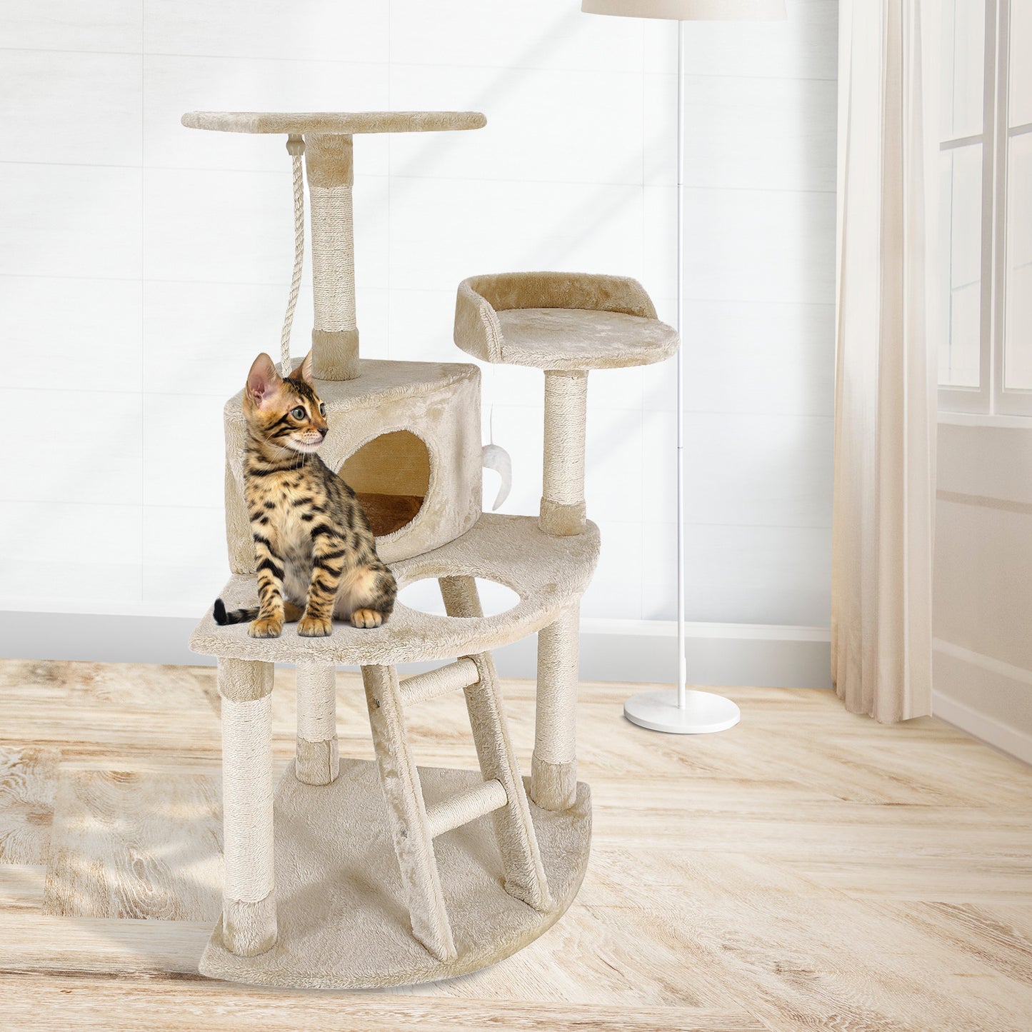 4Paws Cat Tree House Furniture Bed - Luxury Plush Play in Beige/Grey