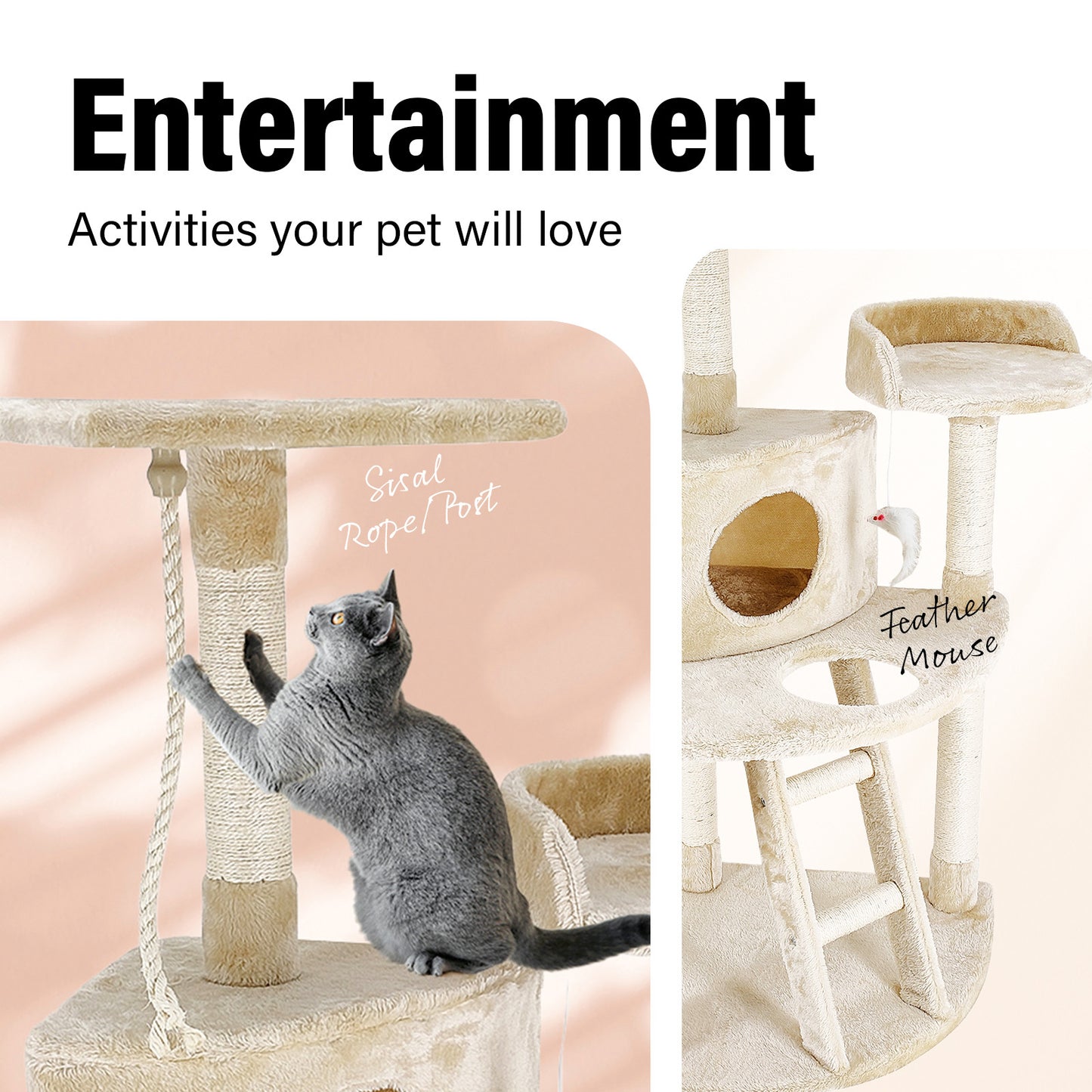 4Paws Cat Tree House Furniture Bed - Luxury Plush Play in Beige/Grey