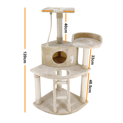 4Paws Cat Tree House Furniture Bed - Luxury Plush Play in Beige/Grey