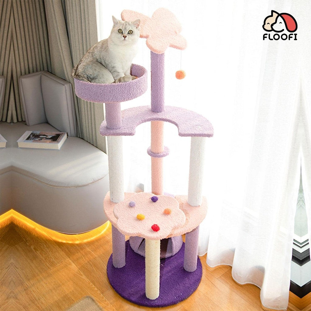 Floofi Cat Condo Cat Trees - 128cm Butterfly Plush (Pink/Purple), 130cm Tanghulu Plush (Red/Yellow), & 143cm Dinosaur (Green)