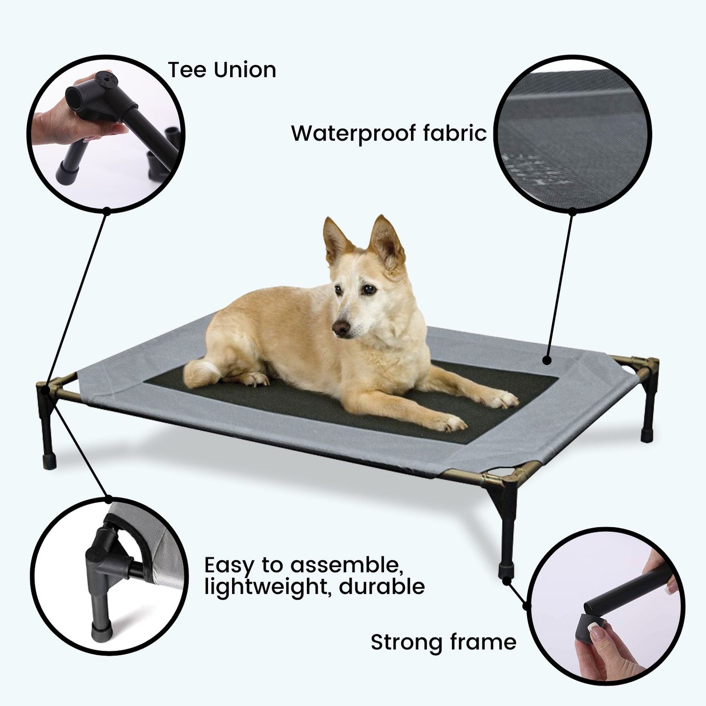 Floofi Elevated Camping Pet Bed in Grey and Army, Available in Sizes M and XL