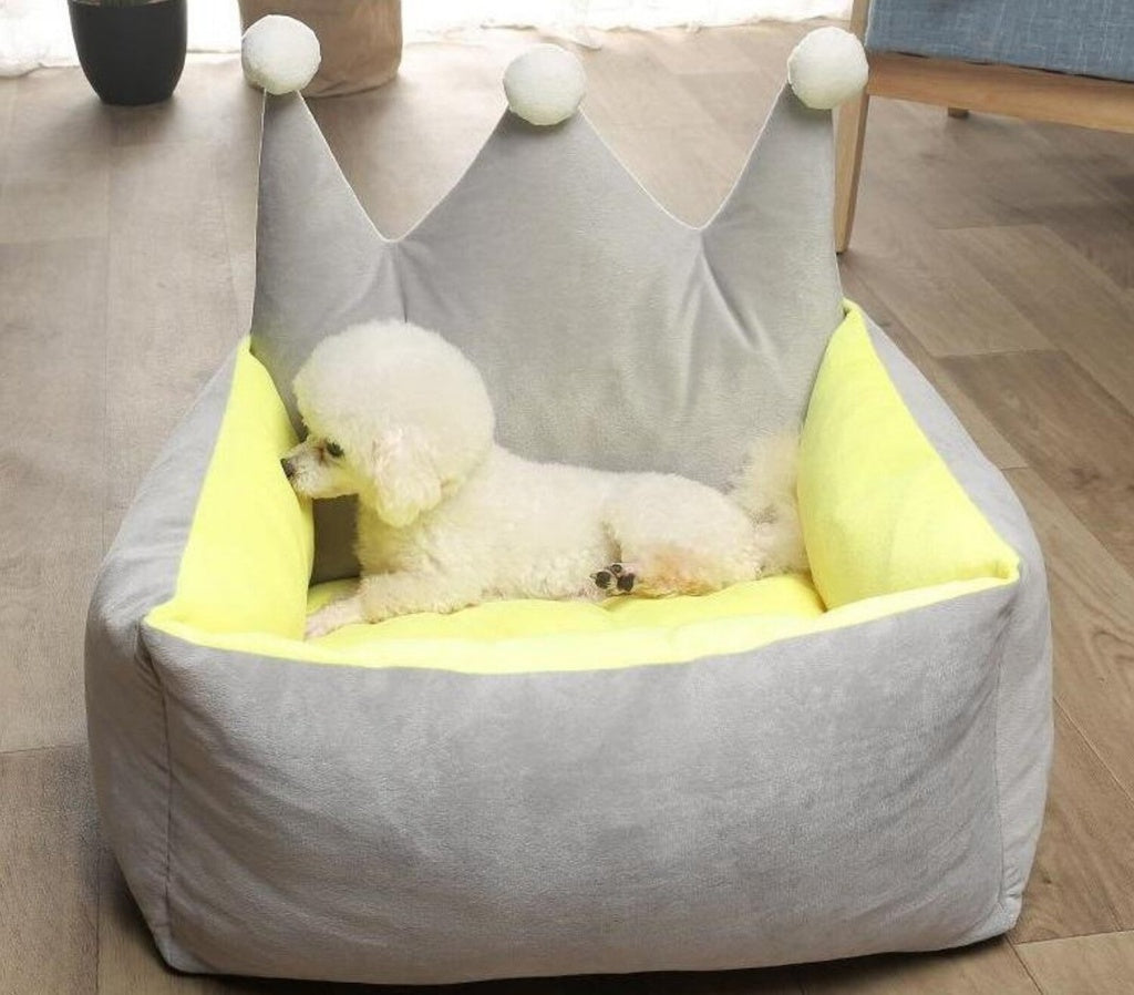 Floofi Crown-Shaped Pet Bed - Sizes L and M in Grey Yellow