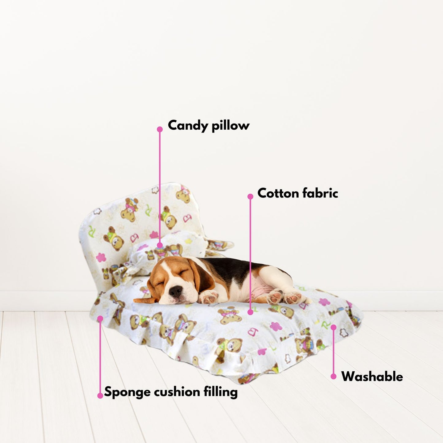 Floofi Pet Bed with Bear/Star Pillow and Quilt - Available in Sizes L and M