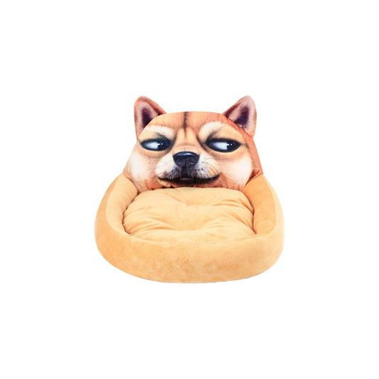 Floofi 3D Cartoon Round Shiba Inu Pet Bed - Available in Sizes S and L, Brown