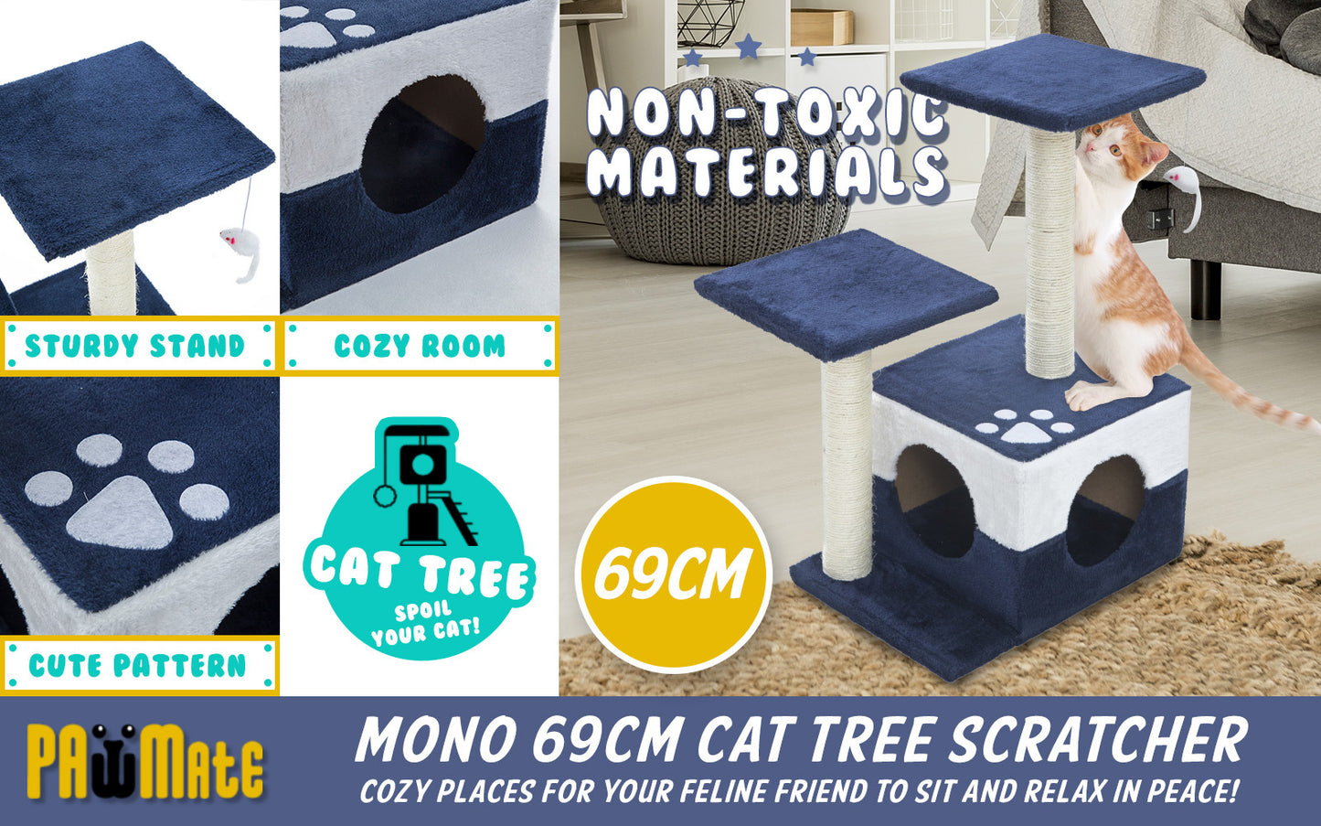 Paw Mate 69cm Blue, Grey, Red Cat Tree Mono: Multi-Level Scratcher