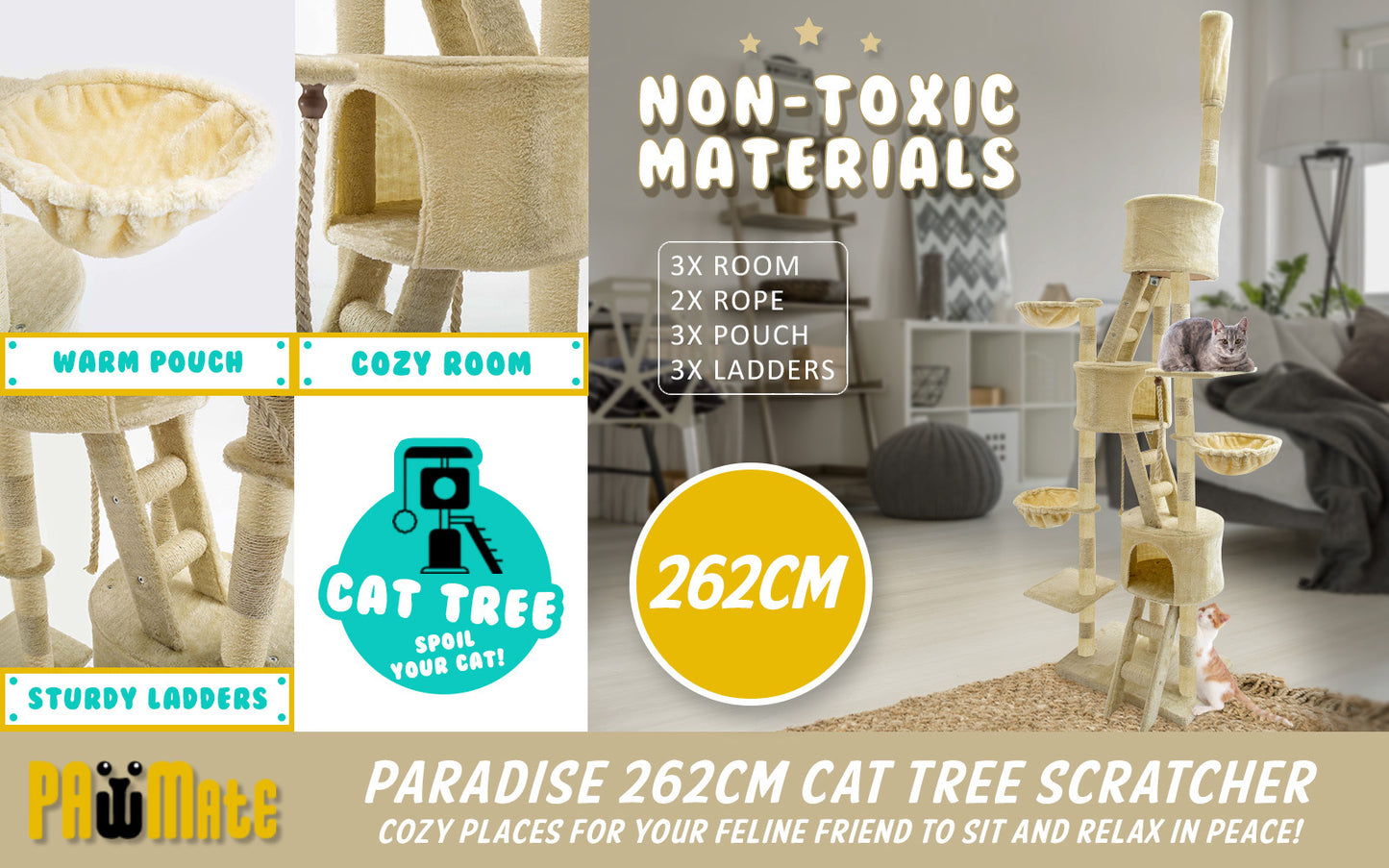 Paw Mate 262cm Beige Cat Tree Paradise Multi Level Scratcher