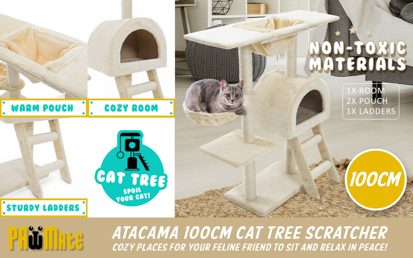 Paw Mate 100cm Beige and Grey Cat Tree Atacama: Multi-Level Scratcher