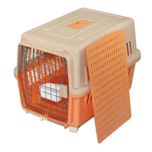 Large Dog Cat Crate Pet Carrier Rabbit Airline Cage With Tray, Bowl & Wheel Orange
