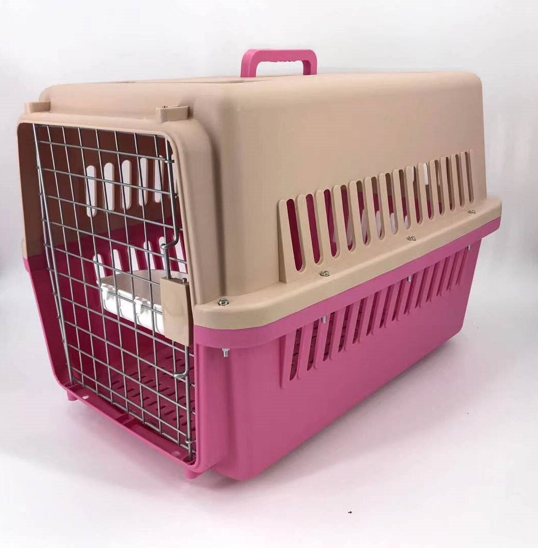 Pink Large Dog Puppy Cat Crate Pet Carrier Cage W Tray, Bowl & Removable Wheels