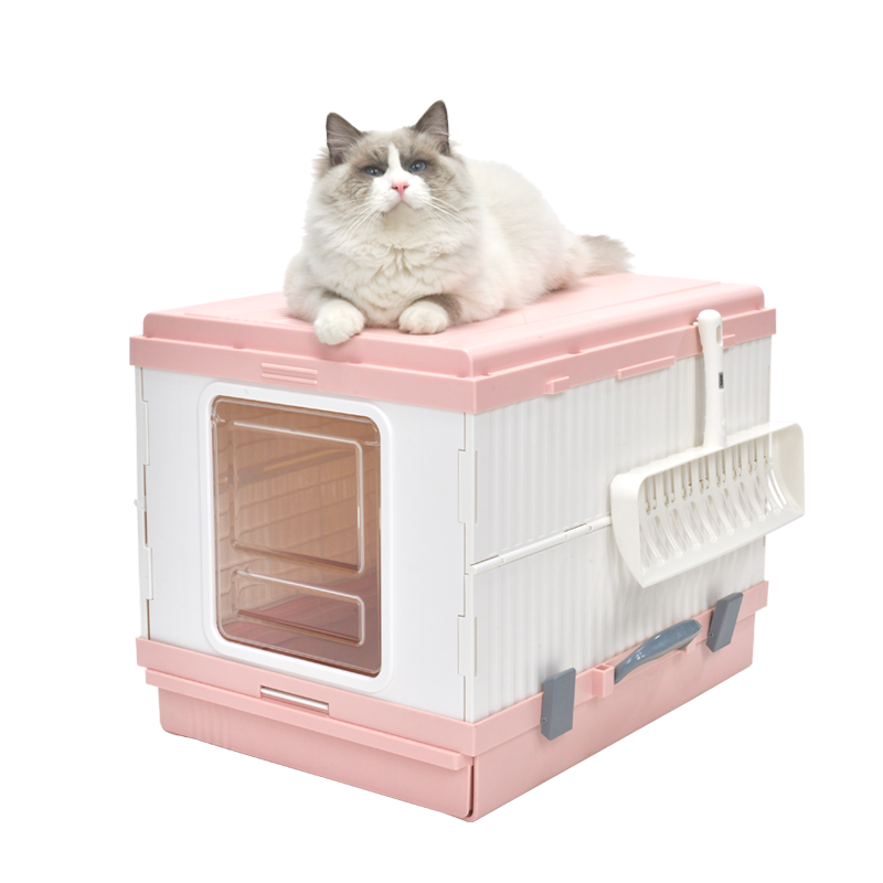 XL Portable Cat Toilet Litter Box Tray Foldable House with Handle and Scoop Pink