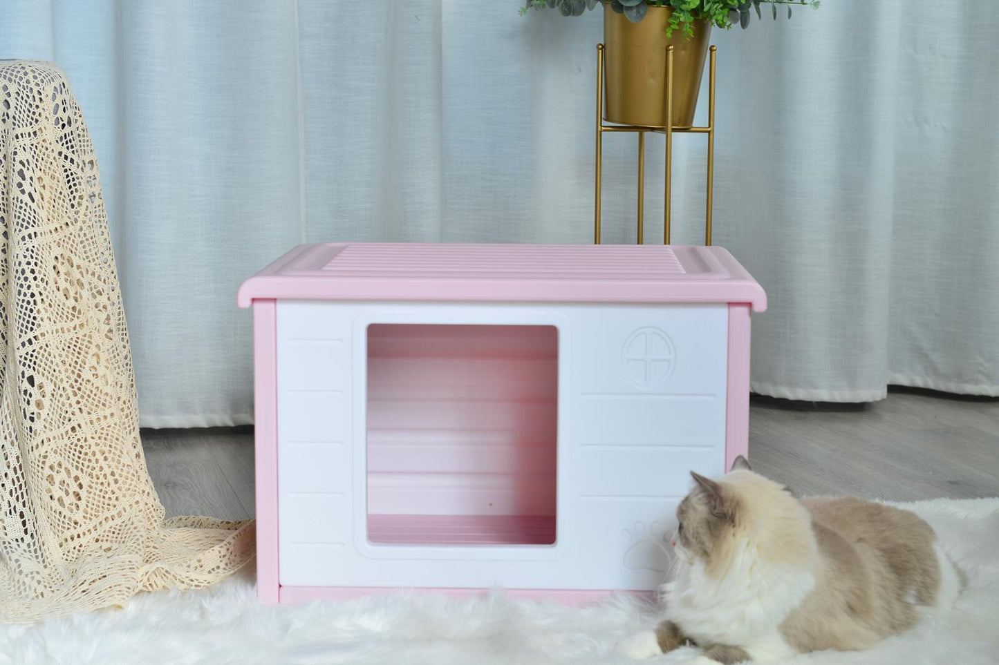 Small Plastic Pet Dog Puppy Cat House Kennel Pink