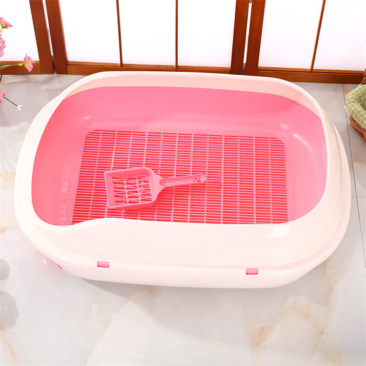 Large Portable Cat Toilet Litter Box Tray with Scoop and Grid Tray-Pink