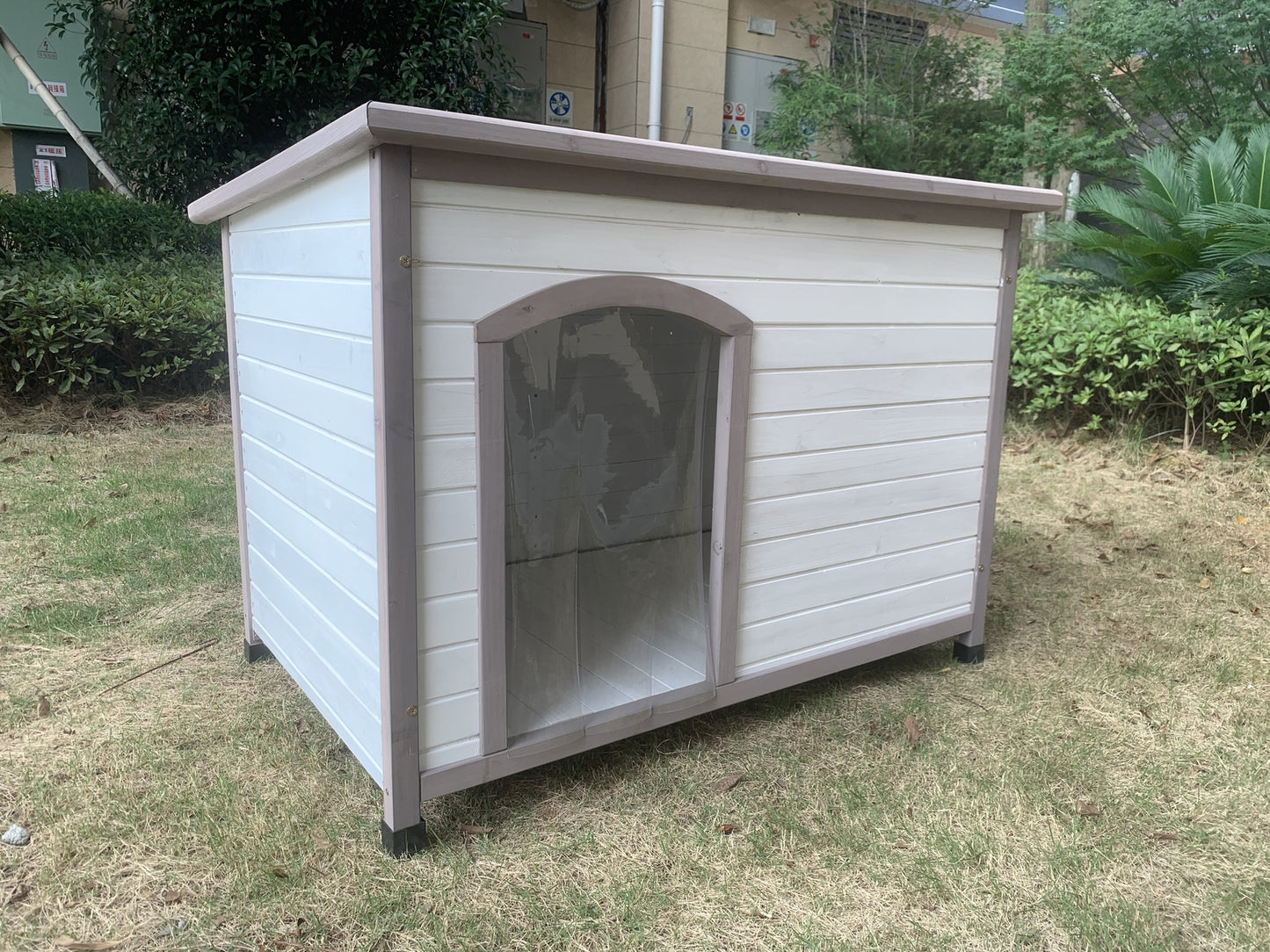 L Timber Pet Dog Kennel House Puppy Wooden Timber Cabin With Stripe White