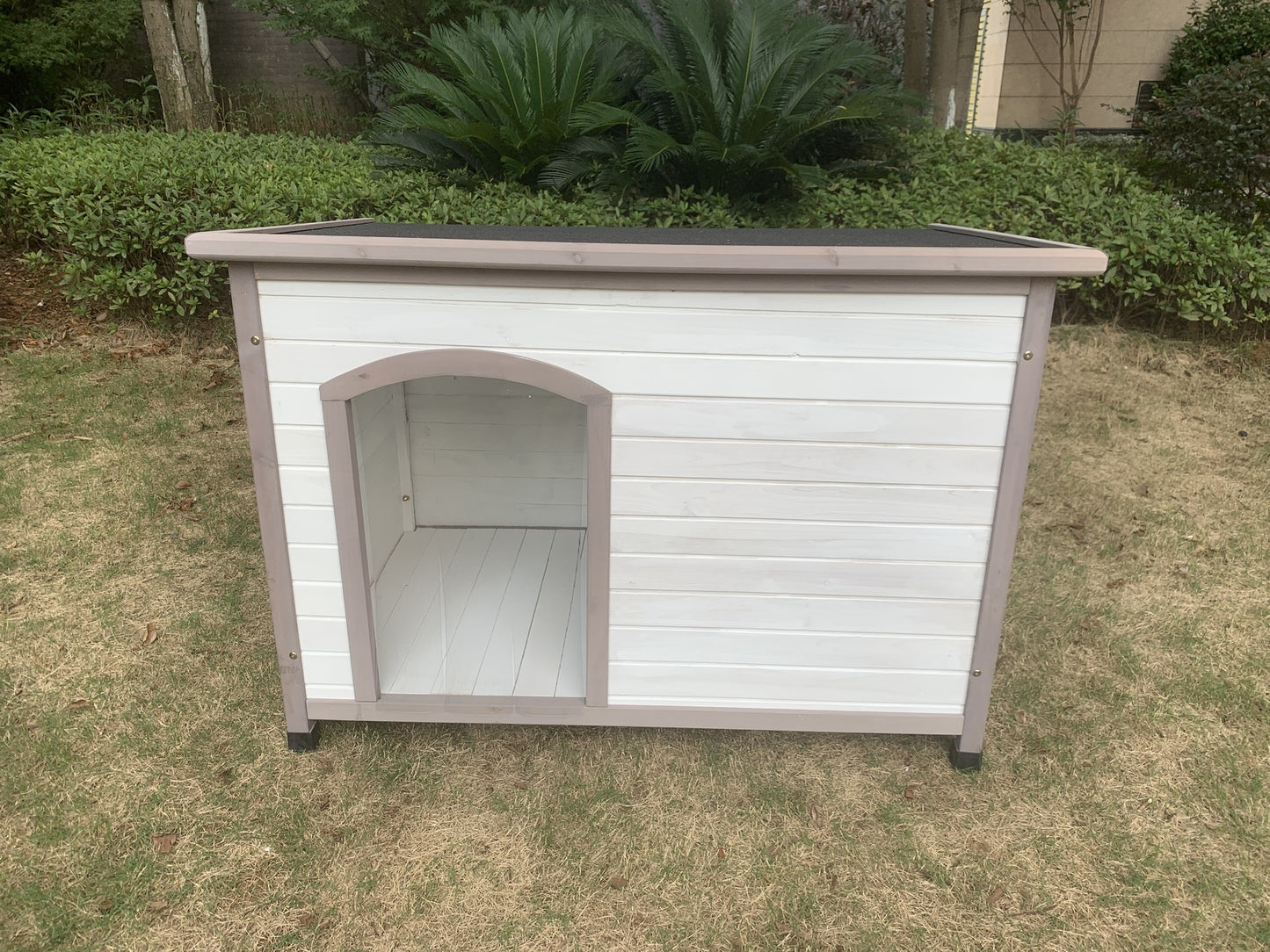 L Timber Pet Dog Kennel House Puppy Wooden Timber Cabin With Stripe White