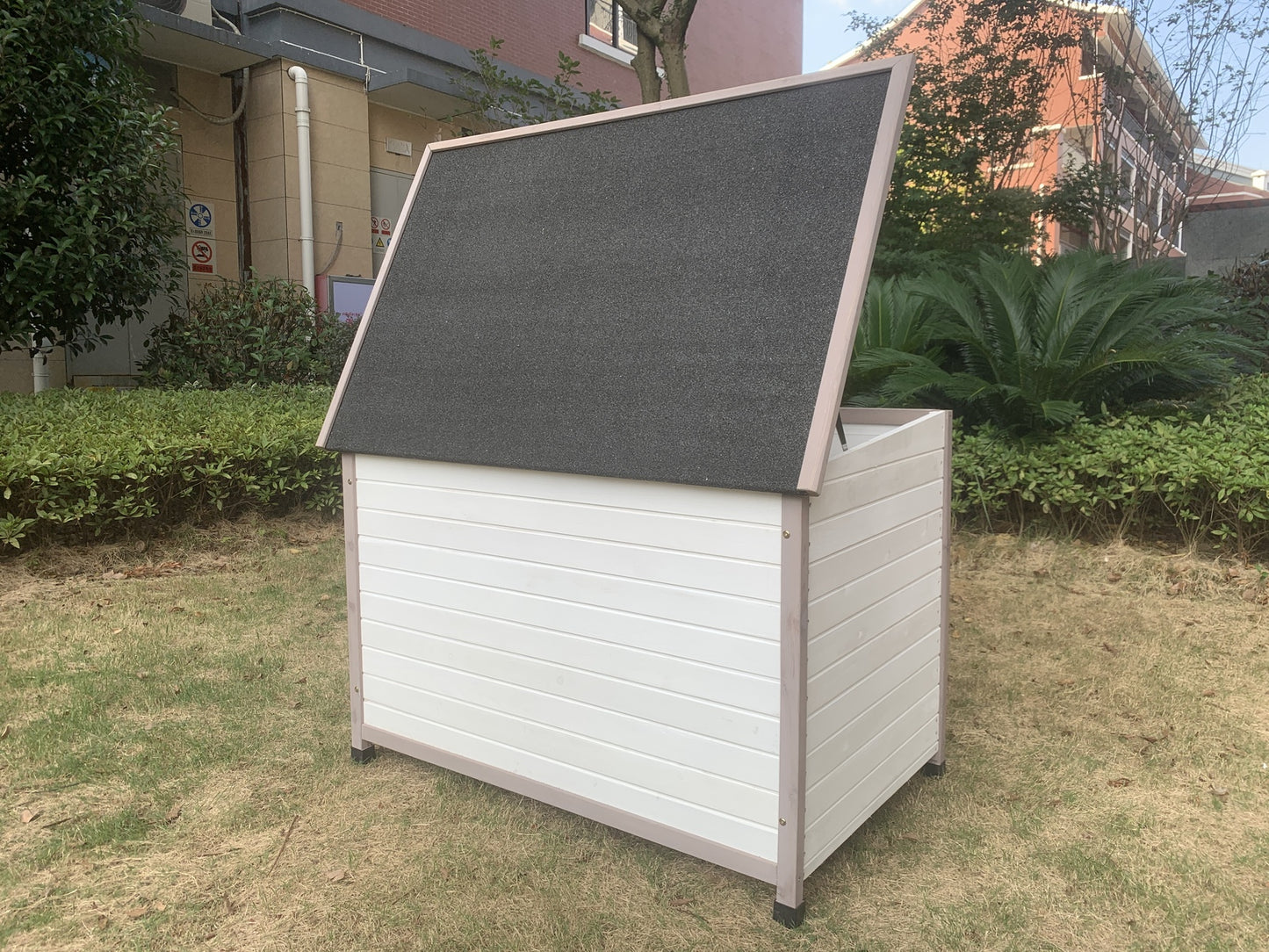 L Timber Pet Dog Kennel House Puppy Wooden Timber Cabin With Stripe White