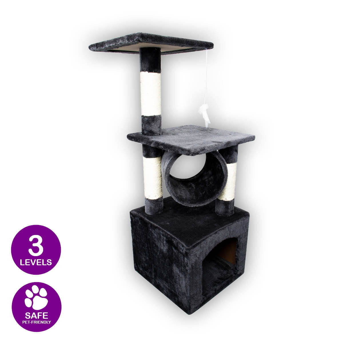 Pet Basic 3 Level Cat Scratch Tree &amp; Playhouse Fun Climb Rest 92 x 35cm