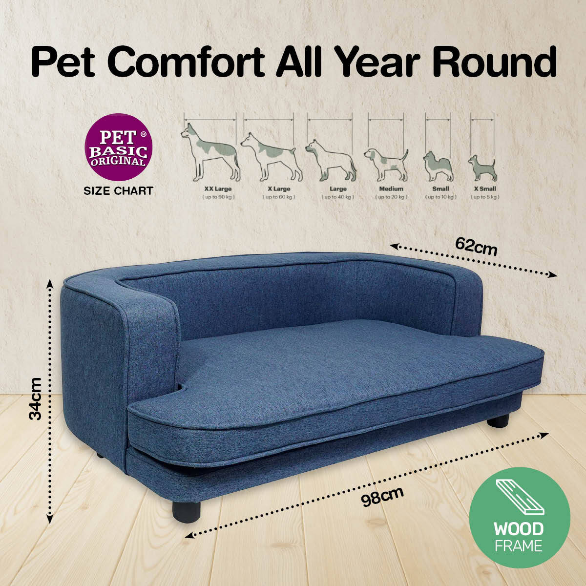 Pet Basic Pet Sofa Bed Stylish Luxurious Sturdy Washable Fabric Blue 98cm