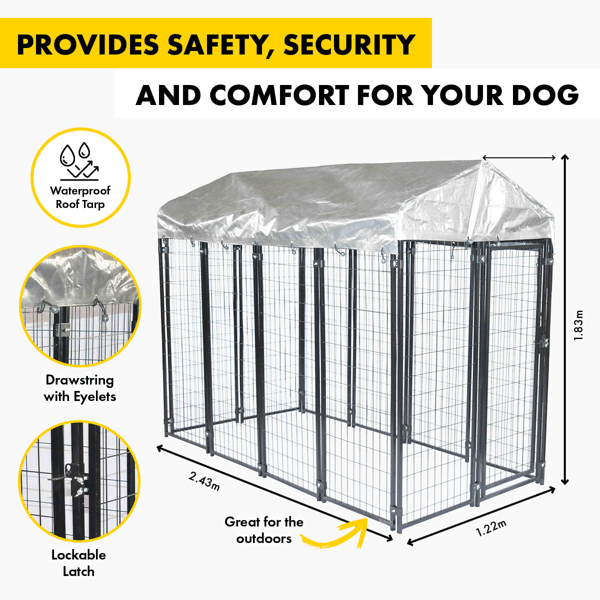 Pet Basic 1.83 x 2.43 x 1.22m Dog Kennel Enclosure Waterproof Lockable Gate