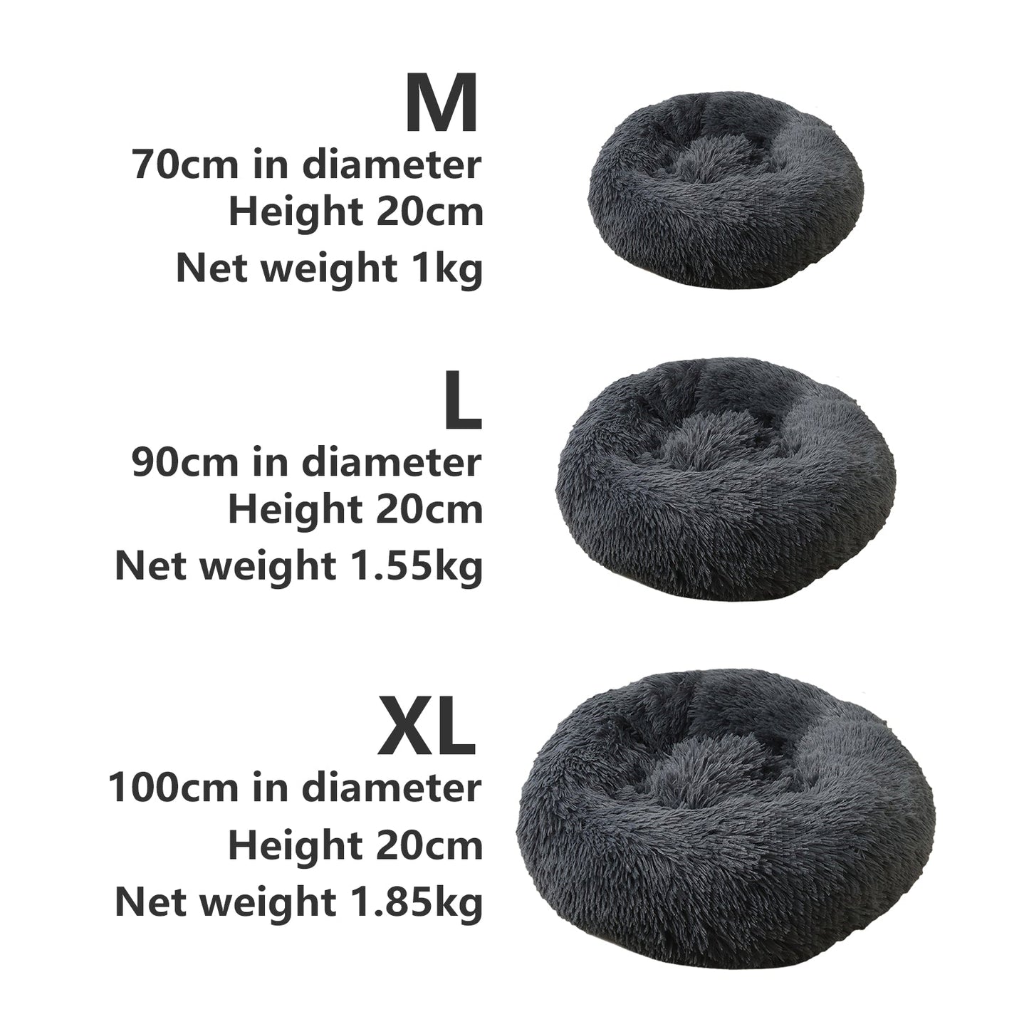 Dog or Cat Round Plush Calming Bed - Dark Grey 70cm or 90cm