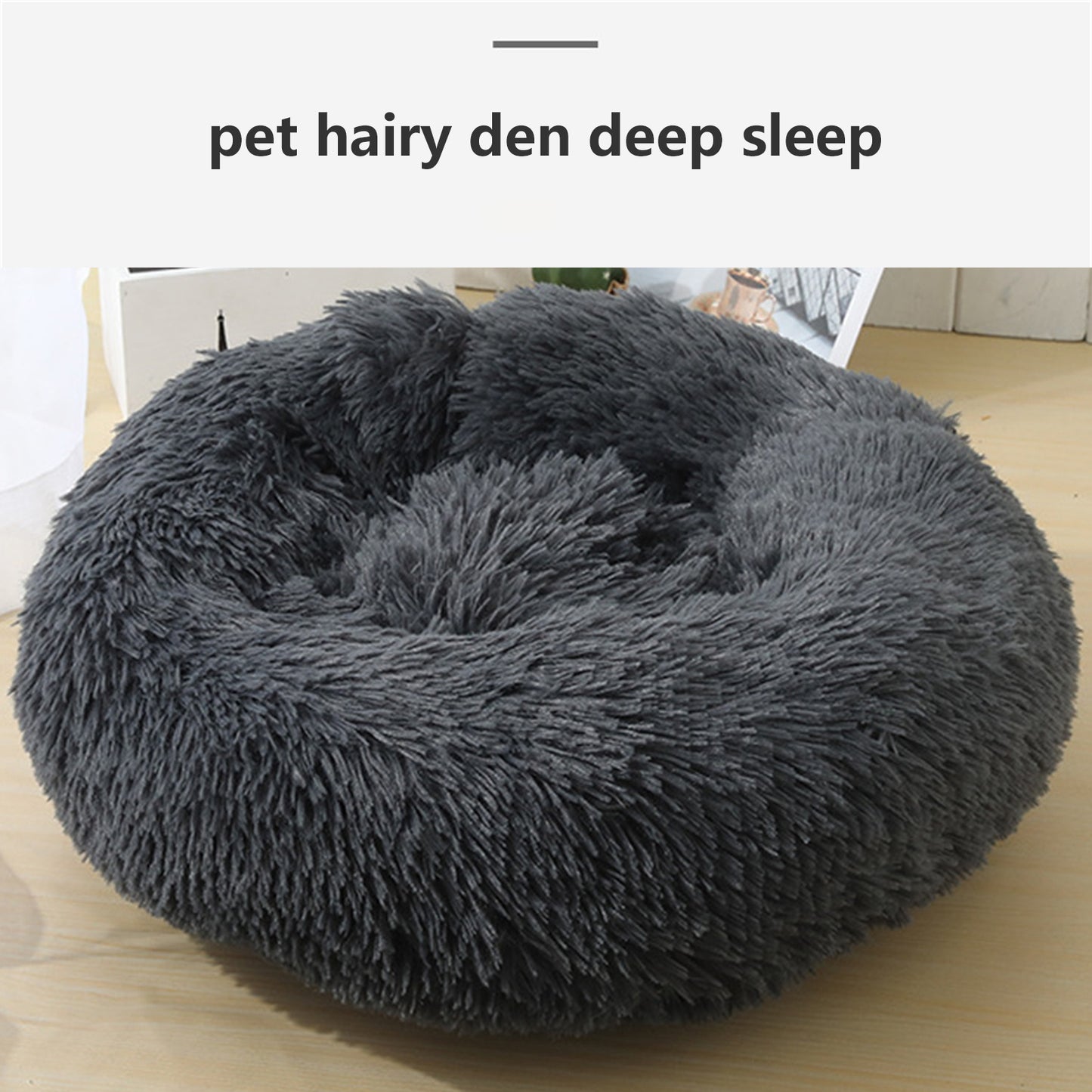 Dog Pet Cat Calming Bed Warm Plush Round  Nest Comfy Sleeping Bed Dark Grey 90cm