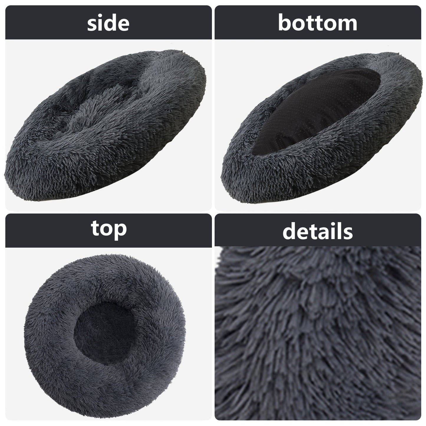 Dog or Cat Round Plush Calming Bed - Dark Grey 70cm or 90cm