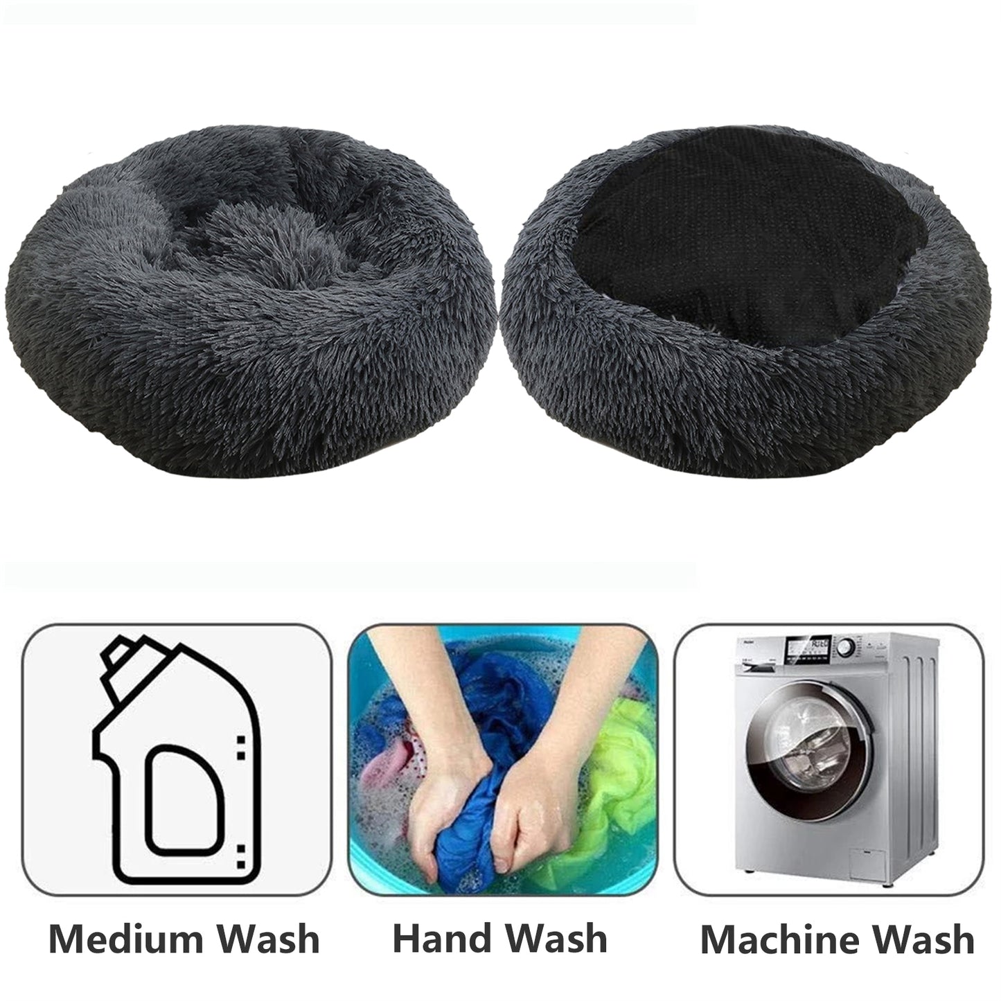 Dog Pet Cat Calming Bed Warm Plush Round  Nest Comfy Sleeping Bed Dark Grey 90cm