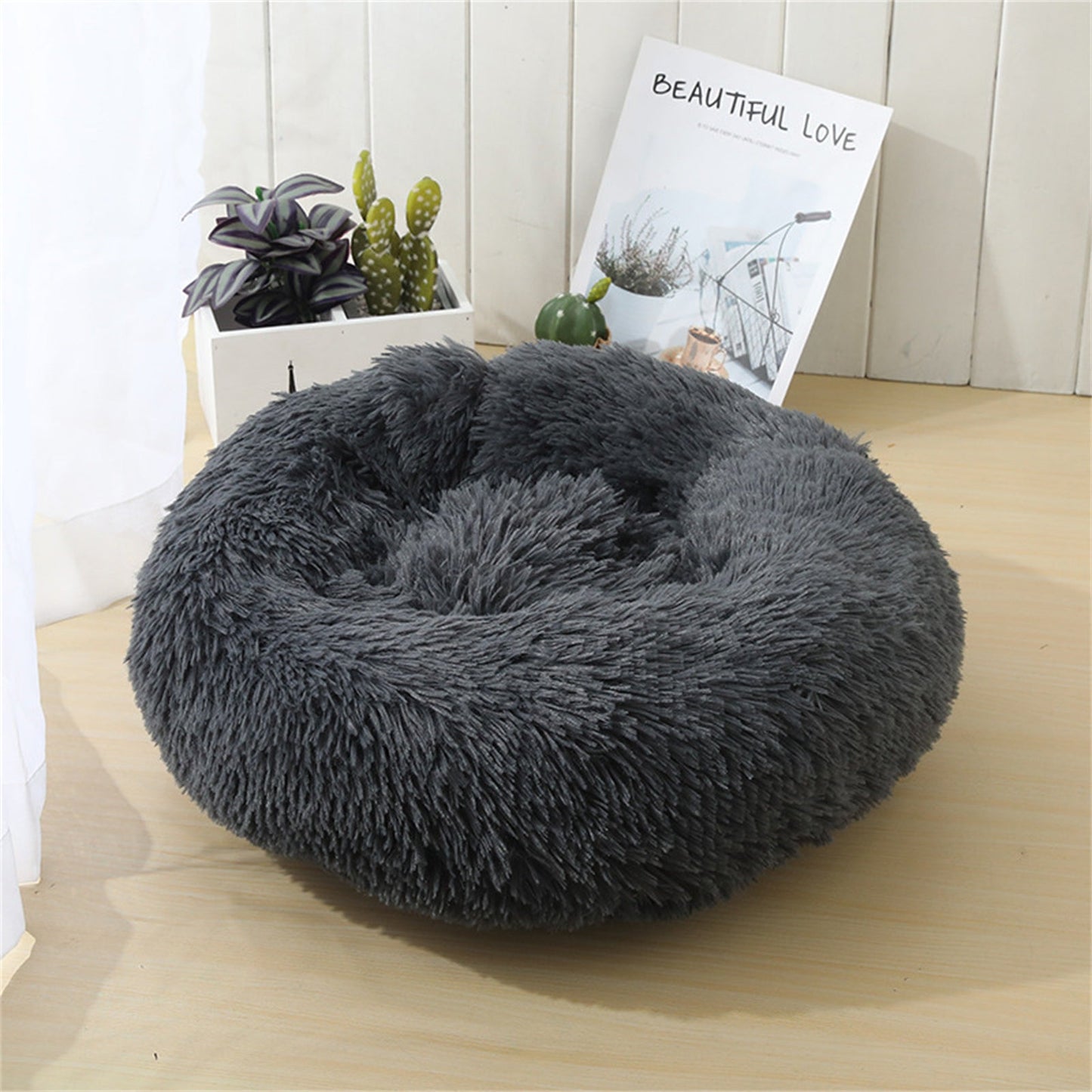 Dog or Cat Round Plush Calming Bed - Dark Grey 70cm or 90cm