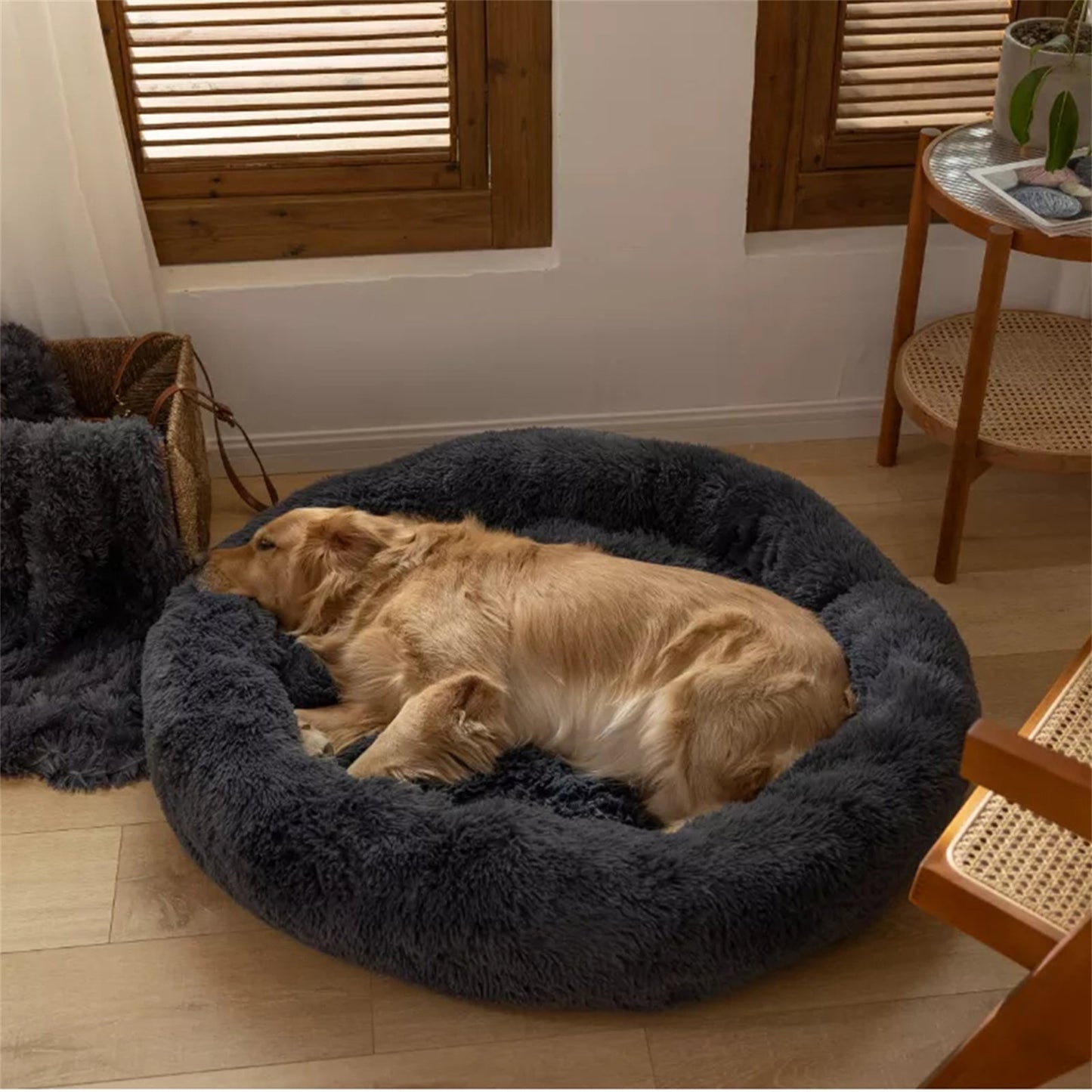 Dog or Cat Round Plush Calming Bed - Dark Grey 70cm or 90cm