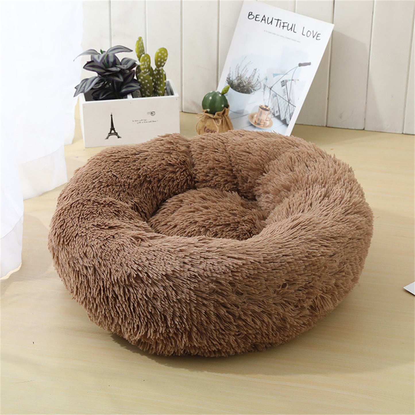 Pet Dog Bedding Warm Plush Round Comfortable Dog Nest Light Coffee Large 90cm