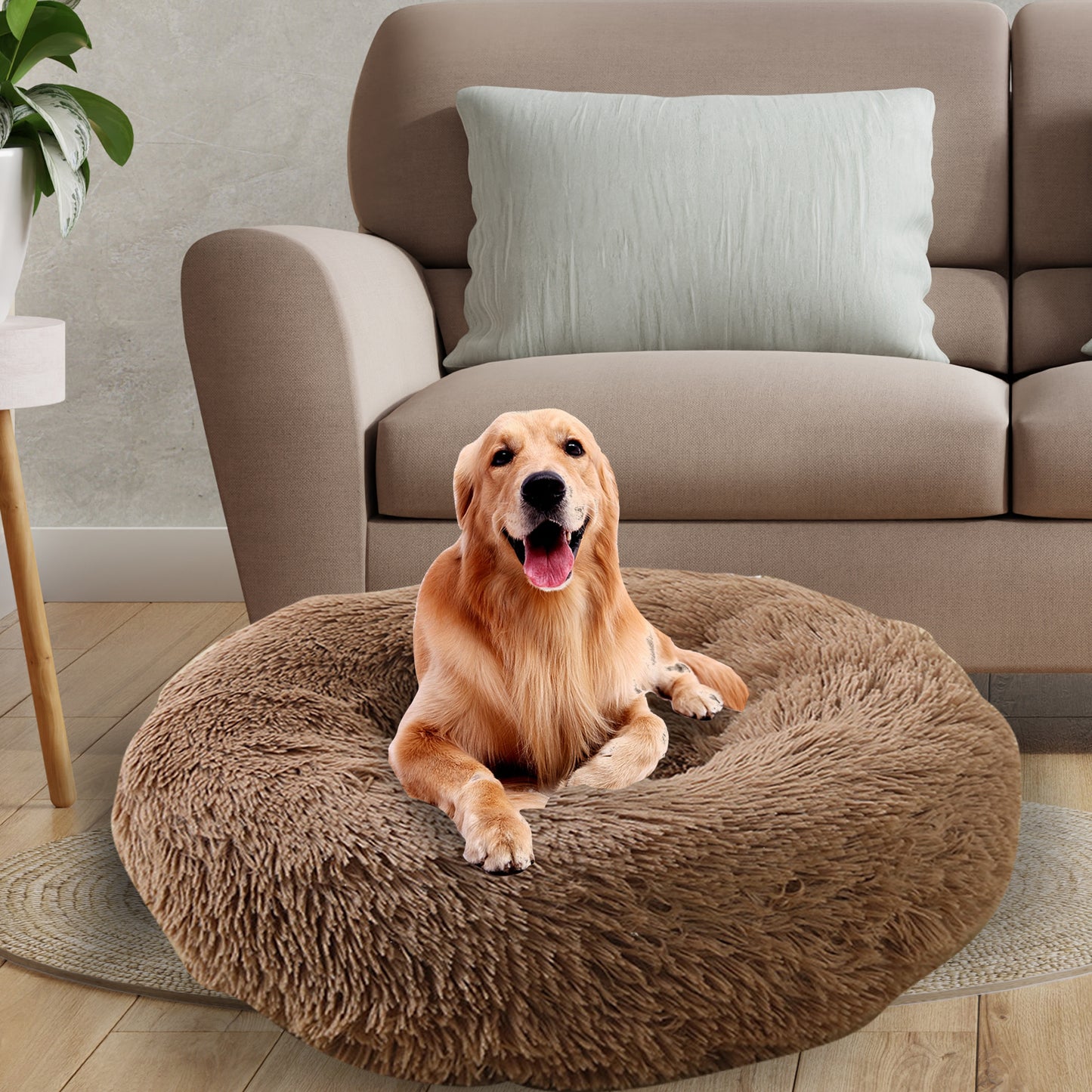 Pet Dog Bedding Warm Plush Round Comfortable Dog Nest Light Coffee Large 90cm