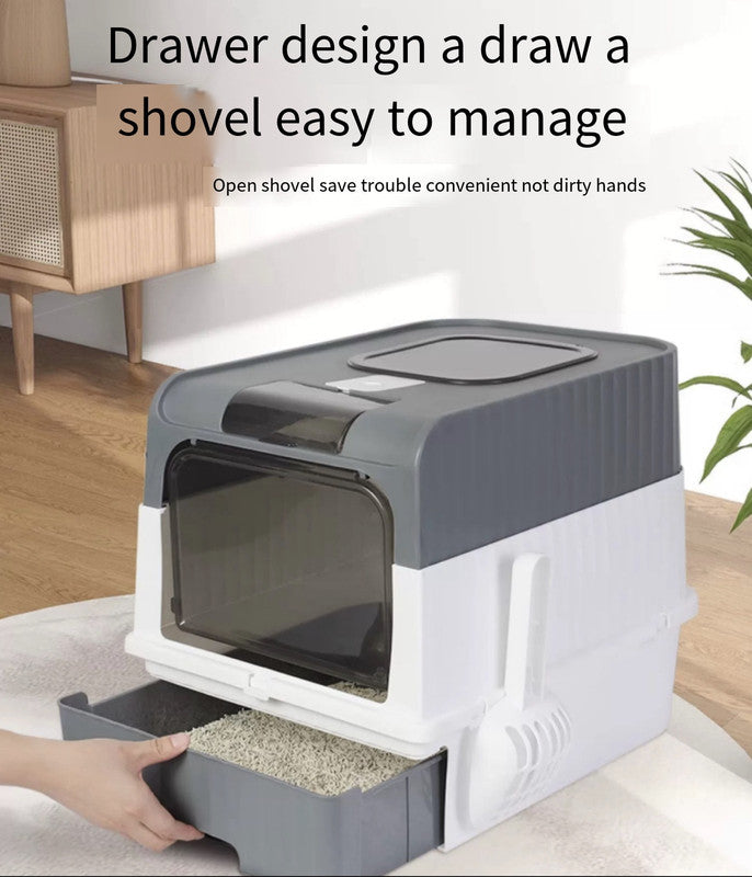 Grey Anti-Splashing Enclosed Cat Drawer Litter Box