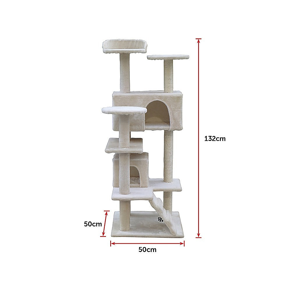 132cm Cat Tree Scratching Post Scratcher Tower Condo House Furniture Wood - Beige